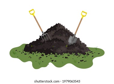 Hummus peat soil. Peat organic soil heap with a shovel. Flat vector doodle illustration.