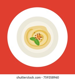 Hummus plate on red background. Flat vector illustration about healthy food.