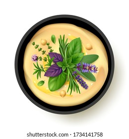 Hummus plate with whole chickpeas and fresh herbs de Provence. Top view. Isolated on white background. Realistic vector illustration