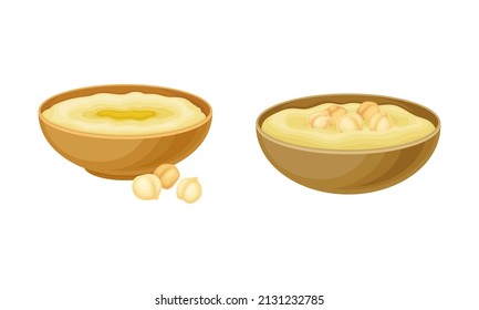 Hummus Savory Dish with Mashed Chickpeas Blended with Tahini in Wooden Bowl Vector Set