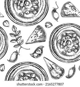 Hummus seamless pattern. Mediterranean food, ingredients, plants, pita sketches. Vegan food background. Hand-drawn hummus in plate, pita, and chickpeas for menu, recipe, or packaging design.