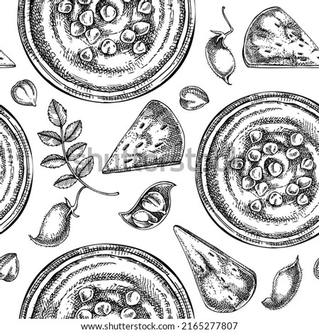 Hummus seamless pattern. Mediterranean food, ingredients, plants, pita sketches. Vegan food background. Hand-drawn hummus in plate, pita, and chickpeas for menu, recipe, or packaging design.