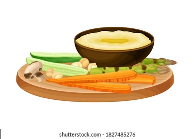 Hummus Served in Bowl with Vegetables Rested on Wooden Board Vector Illustration