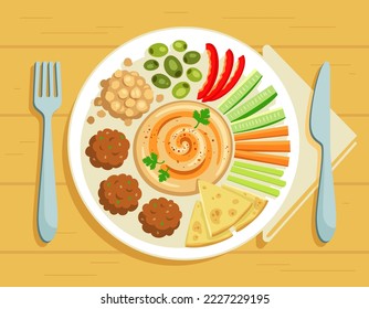 Hummus served on plate with falafel, vegetables, pita bread. Bright appetizing vector illustration.