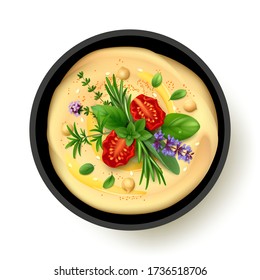 Hummus topped with whole chickpeas, sun dried tomatoes and herbs de Provence in black bowl. Isolated on white background. Realistic vector illustration