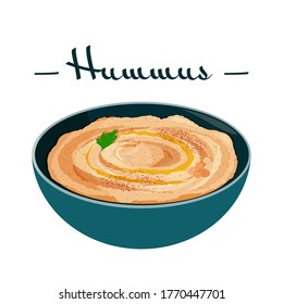 Hummus traditional arabic food from chickpea. Illustration of vegetarian vegan meal. Jewish traditional cuisine.