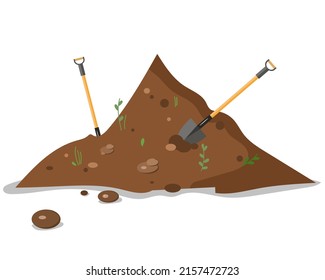 Hummus vector peat soil with growing plant flowers sprouts, sprigs, stones. Fertilized meadow field for potting, gardening. Agricultural harvest doodle.