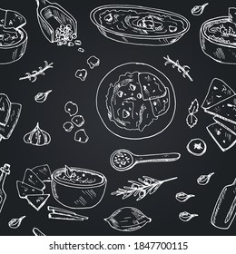 Hummus Vector seamless pattern with food and drink hand drawn doodles.
