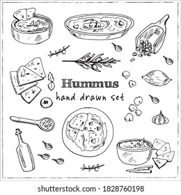 Hummus Vector set with food and drink hand drawn doodles.