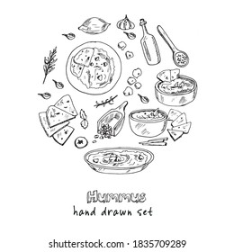 Hummus Vector set with food and drink hand drawn doodles.