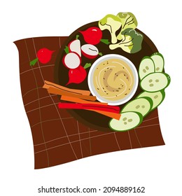  Hummus vegetables. Breakfast. Top view Vector illustration.