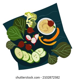 Hortalizas de humus. Desayuno. Ilustración del vector de vista superior.