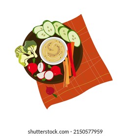  Hummus vegetables. Breakfast. Top view Vector illustration.