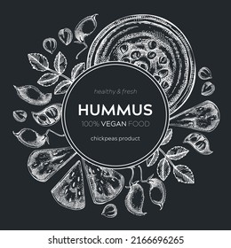 Hummus Wreath Design On Chalkboard. Mediterranean Food, Ingredients, Plants, Pita Sketches. Vegan Food Illustration. Hand-drawn Hummus In Plate, Pita, And Chickpeas For Menu, Recipe, Or Packaging