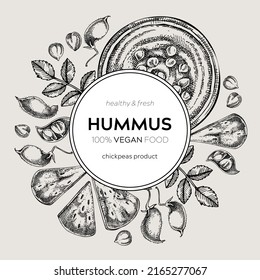 Hummus wreath vintage design. Mediterranean food, ingredients, plants, pita sketches. Vegan food illustration. Hand-drawn hummus in plate, pita, and chickpeas for menu, recipe, or packaging