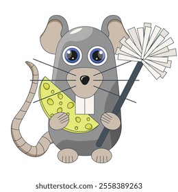 Humor art with rat and toilet brush isolated transparent background. Template design for cleaning deratization company poster placard cover. Vector mouse and cheese on white background.	
