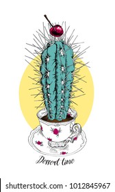 Humor card. Cacti in a cup of tea with cherry on a yellow background. Vector illustration.