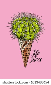 Humor card. Round Cacti in a waffle cone of ice cream on a pink background. Vector illustration.