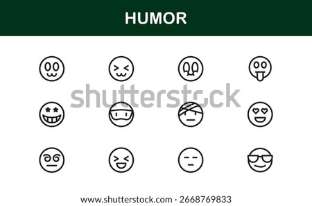 Humor Comedy Laughter Professional Line Icon Set – Modern Minimal Outline Vector Icons for Fun Entertainment