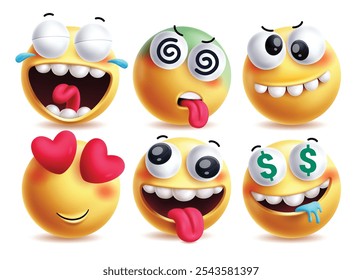 Conjunto de personajes de Vector de emoji de humor. Emojis arte de Clip expresión facial como la risa, mareado, divertido, en el amor, travieso y codicioso carácter de emoticono amarillo en el fondo blanco. humor de Ilustración vectorial 