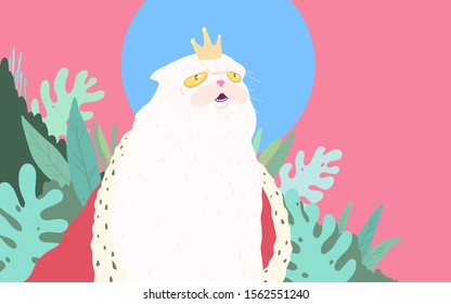 Humor fat king cat in fur cloak with crown and tropical plants background, pastel color illustratioin