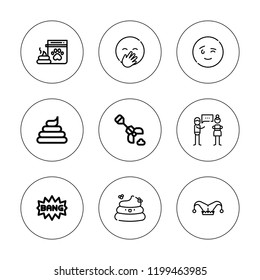 Humor icon set. collection of 9 outline humor icons with clown hat, comic, laughing, poo, poop, skeptic icons. editable icons.