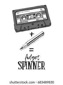 Humor poster with image of a Audio Cassette and a pencil. Vector illustration.