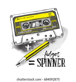 Humor poster with image of a Audio Cassette and a yellow pencil. Vector illustration.