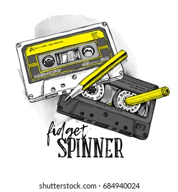 Humor poster with image of a two Audio Cassettes and a yellow pencil. Vector illustration.