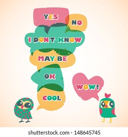 Humor speech bubbles with owls. Different sizes and forms. Vector illustration.