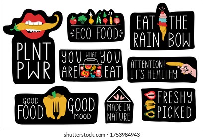 Humoristic food hand-drawn lettering black sticker set - vegan, eco, bio, healthy products, fresh and tasty veggies, farmers market. Ironic quotes