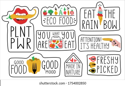 Humoristic food hand-drawn lettering sticker set - vegan, eco, bio, healthy products, fresh and tasty veggies, farmers market. Ironic quotes