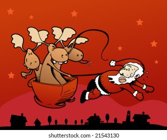 Humoristic vector illustration of the reindeer making Santa Claus pull the sleigh!