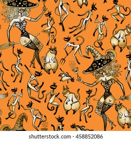 Humorous abstract vector seamless fantasy pattern of golden cartoon witch silhouette, devils, besom on an orange background. Halloween party decoration, wrapping paper, textile print, batik