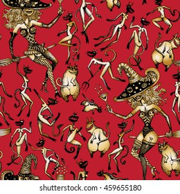 Humorvolle abstrakte Vektor nahtlose Fantasy-Muster aus goldenen Cartoon Hexe Silhouette, Teufel, besom auf einem dunklen vinous roten Hintergrund. Halloween Partydekoration, Umschlagpapier, Stoffdruck, Batik