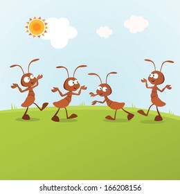 Humorous ants. Vector illustration of the ants having activities under the sun.
