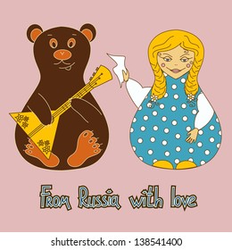 Humorous background with dancing Russian doll and bear playing the balalaika