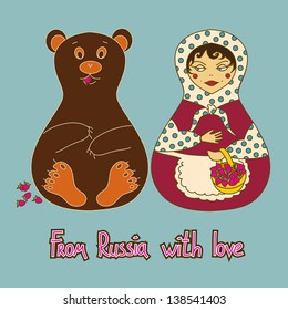 Humorous background with Russian doll and bear