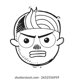 Desenho humorístico em preto e branco de um rosto irritado estilizado exibindo características exageradas e linhas expressivas, perfeito para conceitos criativos que ilustram emoções, como frustração 