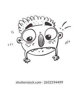Ilustração humorística em preto-e-branco de um rosto surpreso e nervoso com características exageradas, olhos bem abertos, cabelo macio e uma expressão peculiar. Perfeito para ilustrar 