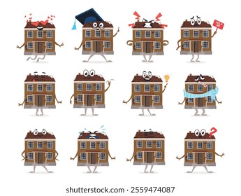 A humorous broken house character with animated features displays a range of emotions such as anger, happiness, confusion and celebration, highlighting individuality through quirky poses.