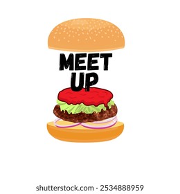 Uma ilustração humorística com tema de hambúrguer apresentando a frase "MEET UP" com um hambúrguer suculento no centro, simbolizando uma reunião casual. Perfeito para promover eventos sociais, reuniões de alimentos.