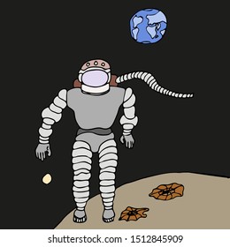 Humorous caricature vector freehand drawing on a profession astronaut in a spacesuit on another planet on a black space background