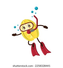 Humorous cartoon carambola scuba diver fruit character snorkeling with mask, flippers and tube. Isolated vector star fruit engaging in outdoor water fun and diving recreation at seaside location