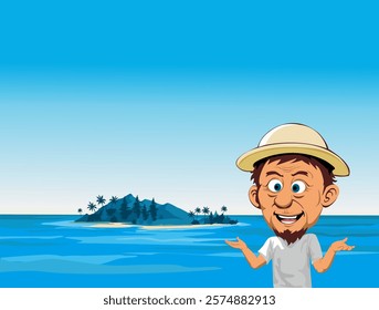 Humorous cartoon character wearing a hat smiling on a sunny day by an island with palm trees. Featured against clear blue skies and vibrant sea, evoking tropical vacation and relaxation vibes.