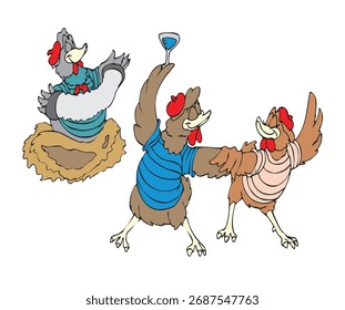 Desenho animado humorístico de galinhas em camisas listradas e boinas comemorando, dançando e bebendo. Festa, diversão e conceito de comida.