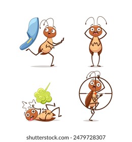 Humorous Cartoon Cockroach Depicted In Different Comical Situations And Expressions. Vector Insect Themed Illustrations