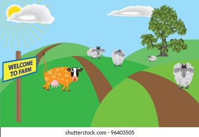 A humorous cartoon illustration about a farm and it's inhabitants .  Vector drawing EPS 10.