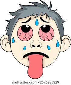 A humorous cartoon illustration of a face showing the effects of extreme spiciness, with red, watery eyes, sweat drops, and a sticking out tongue