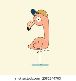 A humorous cartoon illustration of a flamingo standing on one leg, wearing a stylish baseball cap. The design features exaggerated expressions and a playful style, making it perfect for children’s boo